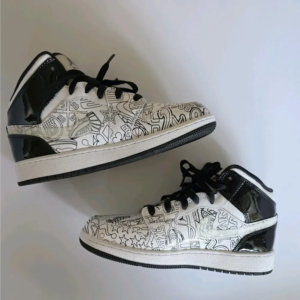 Nike Air Jordan 1 Mid SE (GS) DIY Doodle Black Graffiti DC4099-100, Boys SZ 5Y